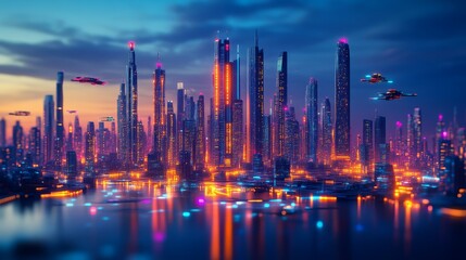 Fototapeta premium A futuristic city skyline illuminated by colorful lights, showcasing tall skyscrapers and flying vehicles against a twilight sky.
