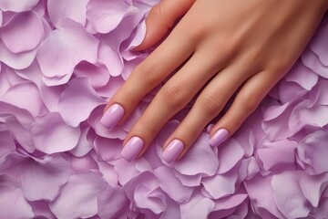 Fototapeta premium Woman's hand with pastel purple nails rests on lilac petals. Perfect for beauty, spa, and nail salon promotions; evokes calmness and elegance.