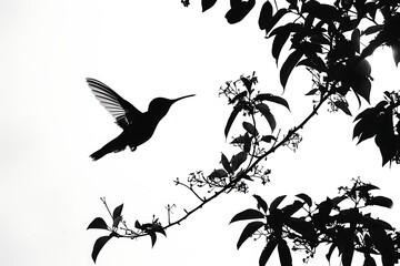 Naklejka premium Silhouette of a hummingbird hovering on a white background