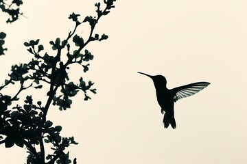 Fototapeta premium Silhouette of a hummingbird hovering on a white background
