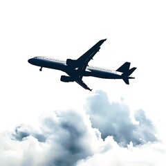 Obraz premium Silhouette of a plane flying above the clouds on a white background