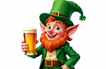 Leprechaun with beer for saint patrick's day illustration, white background
