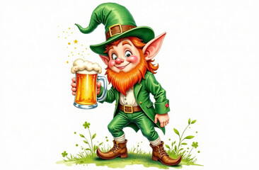 Leprechaun with beer for saint patrick's day illustration, white background