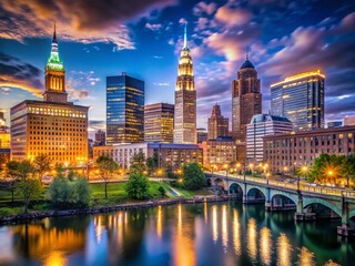 Obraz premium Cleveland Ohio Downtown Skyline Night Candid Photography - Urban Cityscape