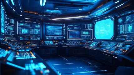 Obraz premium A futuristic control room filled with glowing blue screens, panels, and advanced technology, creating a high-tech atmosphere.