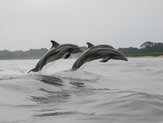 Obraz premium dolphins leaping from the ocean.