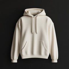 blank cream hoodie mockup floating on solid black studio background, 3d hoodie. Ai generated images.