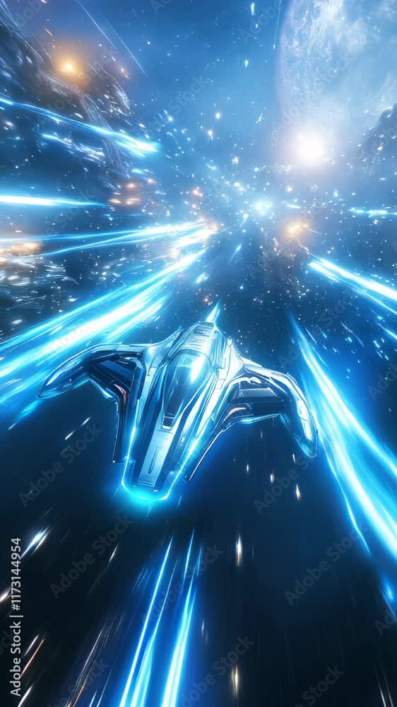 Poster Journey Through Dazzling Subspace in a Sleek Spacecraft