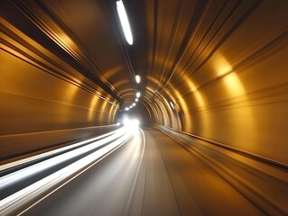 a motorcycle in a tunnel with bright yellow light, a fast and dynamic travel scene with motion and...