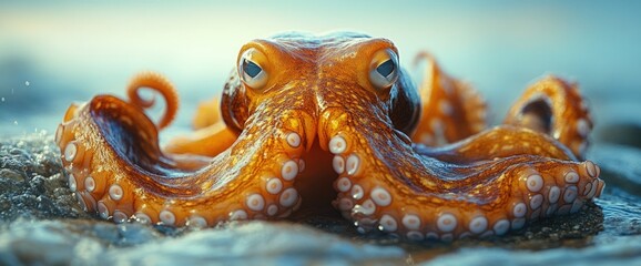 Close-up of an orange octopus on a beach near the ocean.