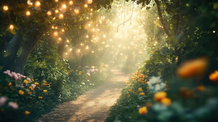 Fototapeta premium there is a pathway with stairs and flowers in the middle, beautiful render of a fairytale, enchanted magical fantasy