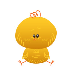 cartoon baby chicken is sitting on the ground. Vector flat illustration isolated on white background.