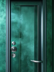Teal door with smoke effect and handle.