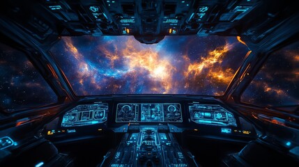 A futuristic spaceship cockpit overlooks a vibrant cosmic scene filled with stars and nebulas, illuminated by blue and orange hues.