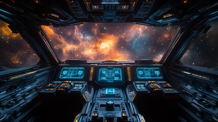 A futuristic spaceship cockpit offers a stunning view of a colorful galaxy filled with stars and cosmic formations.