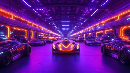 A futuristic garage filled with sleek cars illuminated by vibrant neon lights, creating a high-tech, dynamic atmosphere.