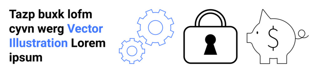Piggy bank, lock icon, and gears illustrate financial security and solutions. Ideal for finance, savings, security, protection, technology banking investments. Landing page