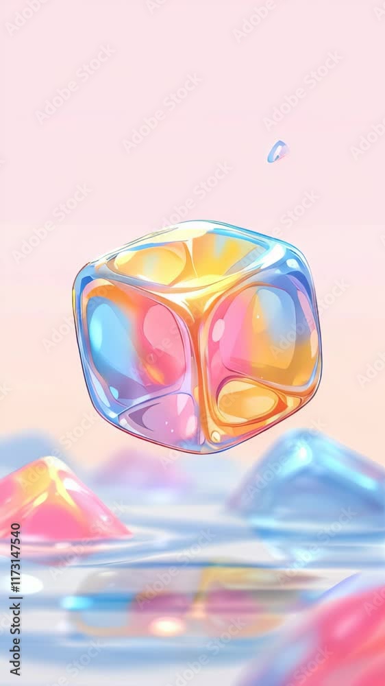 Poster captivating geometry of a shimmering cube drifting serenely on a colorful water surface