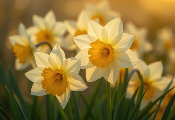 Yellow daffodils glowing in morning sunlight