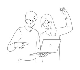 Happy Couple Celebrates Online Casino or Lottery Win with Laptop.  Man and woman together in laptop and rejoice after learning good news. 