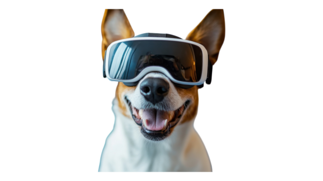 A happy dog wearing virtual reality goggles enjoys an immersive experience indoors in a light-filled room, showcasing playful technology.