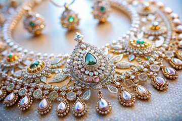 Obraz premium Close-up of Elegant Bridal Jewelry: Delicate Necklace and Earrings