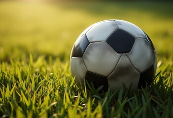 Soccer ball resting on grass at sunset