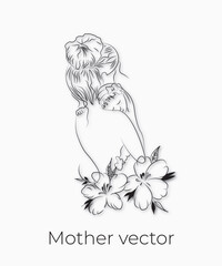 Handdrawn line art style mom and baby illustration art.