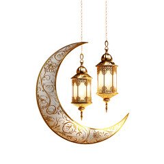 ramadan kareem celebration. Islamic crescent golden moon and hanging lanterns isolated on transparent background