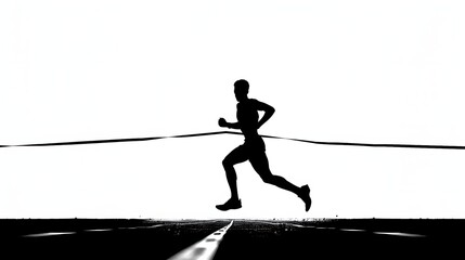 Silhouette of a runner crossing the finish line on a white background
