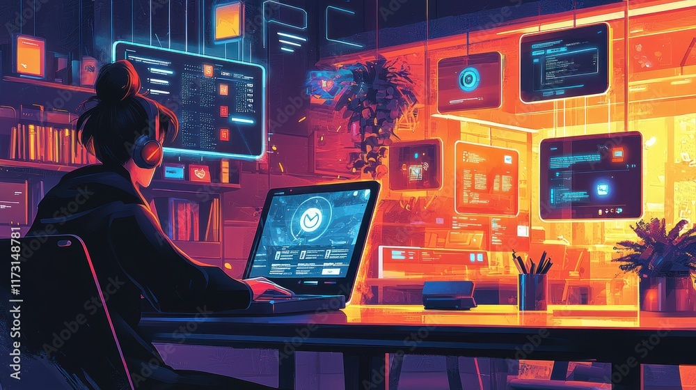 Poster cyberpunk night: coder in a digital oasis