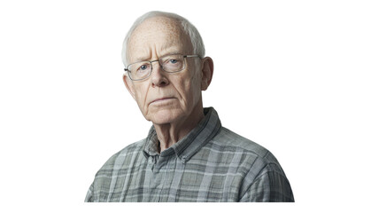 Obraz premium Elderly man with glasses gazes thoughtfully at the camera in a patterned plaid shirt, showcasing his wisdom and experience.
