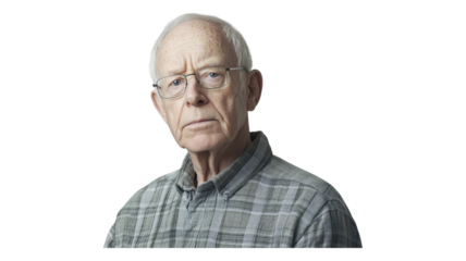 Elderly man with glasses gazes thoughtfully at the camera in a patterned plaid shirt, showcasing his wisdom and experience.