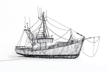 Outline of a fishing boat with a net on a white background