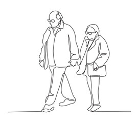 Elderly Couple Walking Hand in Hand Continuous Line Art Illustration. Senior man and woman walking together holding hands. Minimalist black linear sketch isolated on white background. Vector.