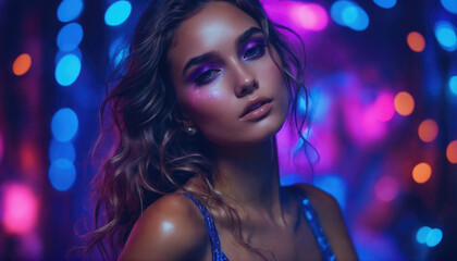 Young woman posing confidently in vibrant light display at a nightlife event