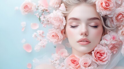 Naklejka premium Serene woman amidst blossoming flowers, a captivating portrait of natural beauty.