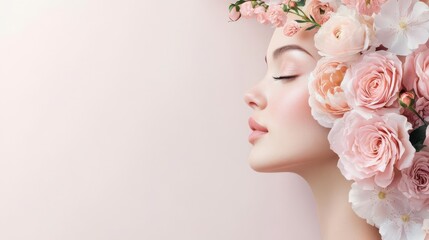 Fototapeta premium Serene beauty: A woman's face adorned with vibrant orange flowers and butterflies against a teal backdrop.