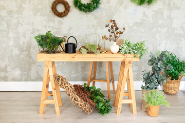 Wooden table on which there are green plants in flowerpots, watering can, flowers on a background of a grey wall. Living room in rustic style in summer. Flowers shop. Interior workplace florist.	
