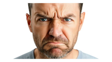 Man with a furrowed brow and intense expression showing anger against a plain background during daytime.
