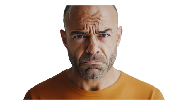 A man displaying a confused and distressed expression while wearing an orange shirt against a neutral backdrop in a dim environment.
