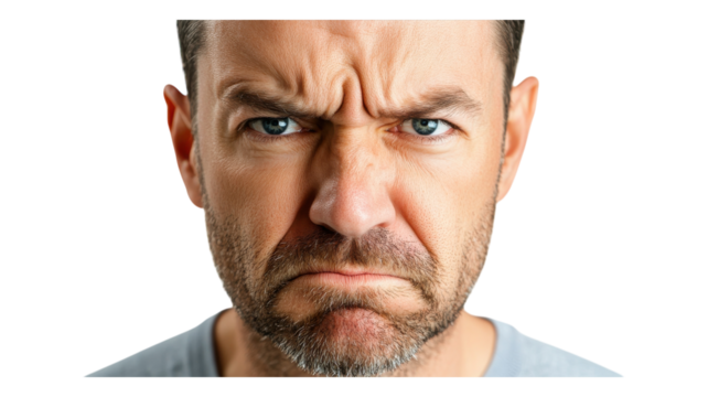Man with a furrowed brow and intense expression showing anger against a plain background during daytime.