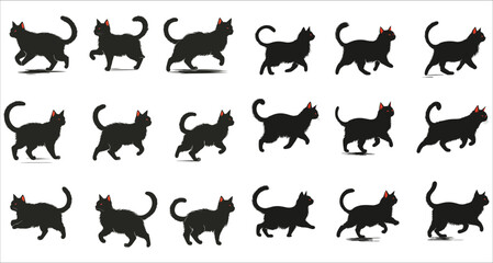 Obraz premium Cat running and jumping silhouettes vector, Set of various cat running and jumping in the field, Silhouettes of cat walking and running at sunset vector, Set of cats walking and running silhouettes