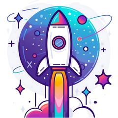 Outline of a rocket ship in space on a white background