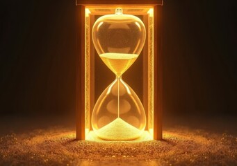 Golden hourglass timer with flowing sand illuminated by glowing light