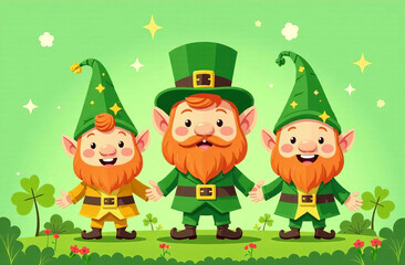 Naklejka premium Leprechauns wizard in green attire. Happy St. Patrick Day With Cute Gnomes On Banner Design, Leprechaun Character.