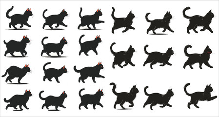 Obraz premium Set of cat walking and running silhouettes, Abstract cat silhouettes collection for design projects, Various cat silhouettes in different poses, Set of cat silhouettes on white background