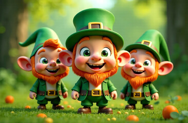 Naklejka premium Leprechauns wizard in green attire. Happy St. Patrick Day With Cute Gnomes On Banner Design, Leprechaun Character.
