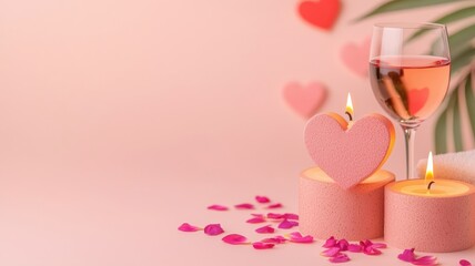 Fototapeta premium Romantic scene with candles, wine, and heart decorations on a soft background.