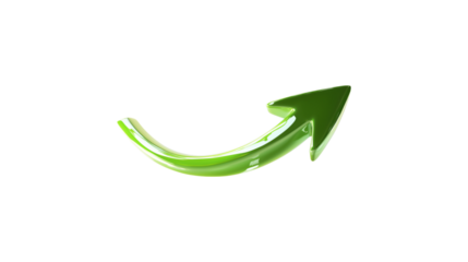 A green arrow pointing down. The arrow is made of glass and is very shiny. It is on a trasparent background	